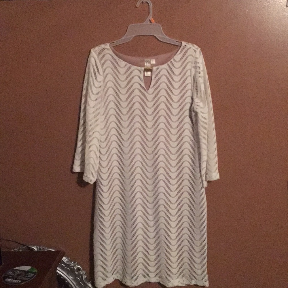 White and beige knee length dress